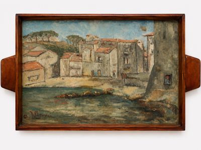 une peinture à l'huile représentant une scène de village avec une rivière et des bâtiments