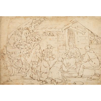 un vieux dessin représentant un groupe de personnes devant un bâtiment