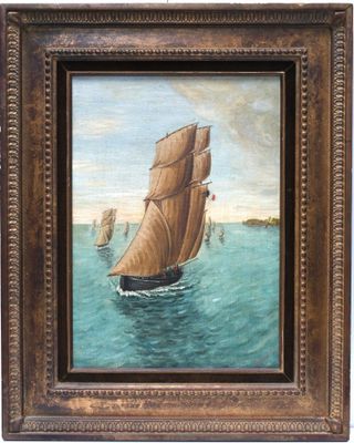 an oil painting of a sailboat in the ocean with other boats in the background