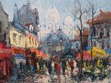 une peinture à l'huile représentant une rue de la ville où des gens marchent