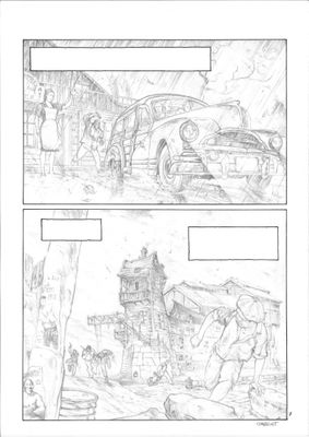une page d'une bande dessinée sur laquelle figurent une voiture et un homme à l'arrière-plan