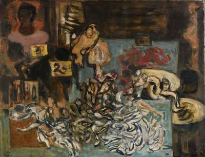 tableau représentant une femme dans une pièce avec un tas de poissons morts