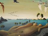 a painting of birds flying over a body of water