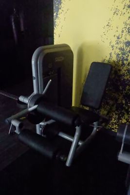 une salle de sport avec un banc, des poids et d'autres équipements