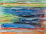 abstract watercolor painting of a blue, green, orange, and yellow landscape