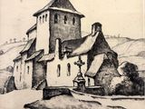 drawing of a church with a steeple and a cross in the foreground
