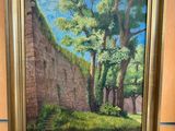 an oil painting of a stone wall with trees in the background