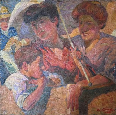 a painting of a woman and two children under an umbrella