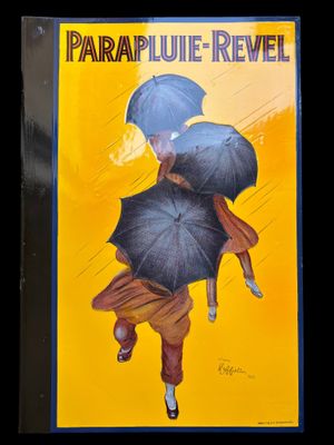 une affiche représentant une femme avec un parapluie sous la pluie