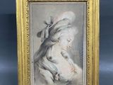 une peinture représentant une femme tenant un bébé dans ses bras