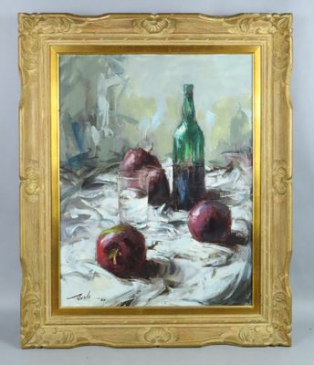 painting of a still life of apples and a bottle on a table