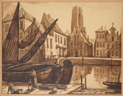 dessin représentant un bateau amarré dans un port, avec une église en arrière-plan