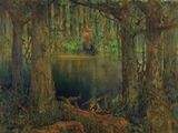 un tableau représentant une scène de forêt avec un lac au premier plan