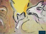 a picture of a painting of a cow and a goat