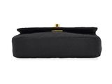 a black clutch bag with a gold clasp on a white background