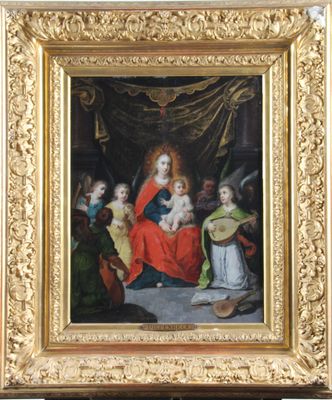 une image représentant un tableau où l'on voit une femme tenant un bébé dans ses bras, entourée d'autres enfants