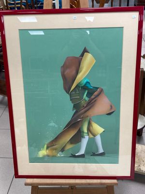 tableau représentant une femme en robe jaune et un homme au chapeau rouge