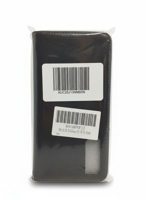the back of a black wallet with a barcode on it