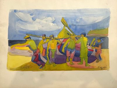 painting of a group of people walking on a beach with a boat in the background