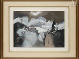 une image représentant un tableau représentant un paysage de montagne avec une maison au loin