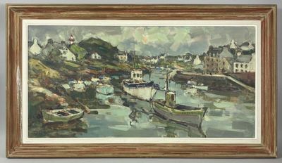 a painting of a harbor scene with boats in the water