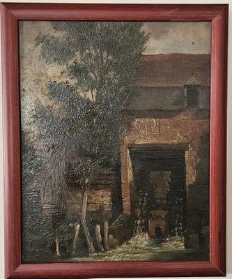 an oil painting of a farm scene with a cow and sheep