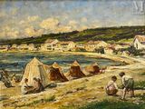 une peinture à l'huile représentant un groupe de personnes sur une plage au bord d'un plan d'eau