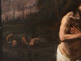 painting of a man standing in a river with his arm around a woman ' s chest