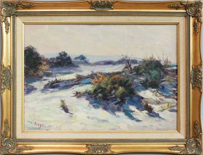 une image représentant un tableau représentant un paysage enneigé, dans un cadre doré