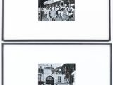 deux photos en noir et blanc montrant des personnes assises à la terrasse d'un restaurant