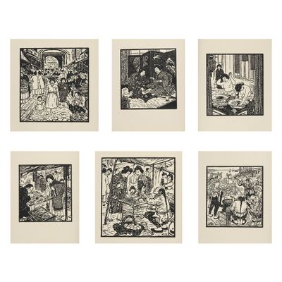une série de six illustrations en noir et blanc représentant des personnes dans les bois