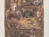 de nombreux chiens assis autour d'une table, en train de jouer aux cartes ensemble