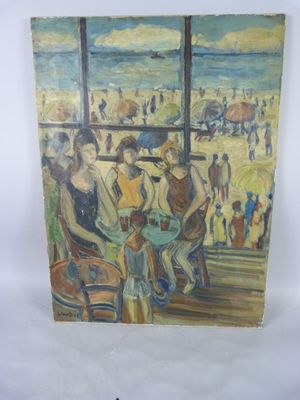 an oil painting of a group of people sitting at a table on the beach
