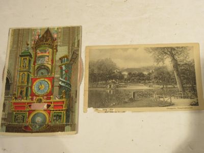 two old photos of a building and a clock
