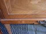 a cat that is sitting on the floor next to a dresser