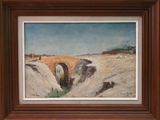 painting of a bridge over a river in a desert landscape