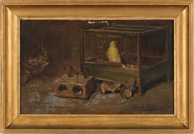 une image représentant un tableau où l'on voit un oiseau dans une cage posée sur une table