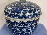 an image of a blue and white bowl with a lid on a blue cloth