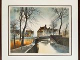 aquarelle encadrée et montée sur passe-partout représentant un pont au-dessus d'une rivière
