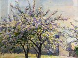 a painting of a tree in a field with a building in the background