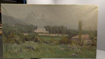 une photo d'un tableau représentant une maison au milieu d'un champ
