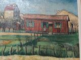 a picture of a painting of a house in a field