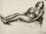 dessin représentant une femme nue assise sur un canapé, les jambes croisées