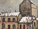 painting of a couple walking in the snow in front of a building