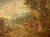 tableau représentant un groupe de personnes à cheval sur un chemin de terre