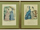 deux gravures encadrées représentant des dames en robe et chapeau