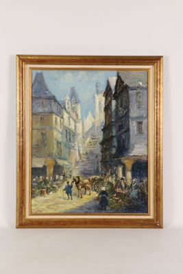 painting of a street scene with a horse drawn carriage and a horse drawn carriage