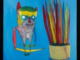 a painting of a cat on a surfboard next to a potted plant