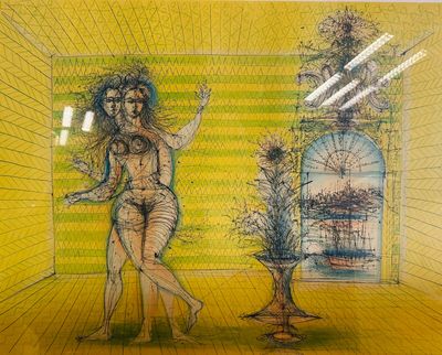 tableau représentant une femme debout dans une pièce, avec une plante devant elle