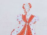dessin représentant une femme vêtue d'une robe rouge et blanche, ornée d'un nœud rouge